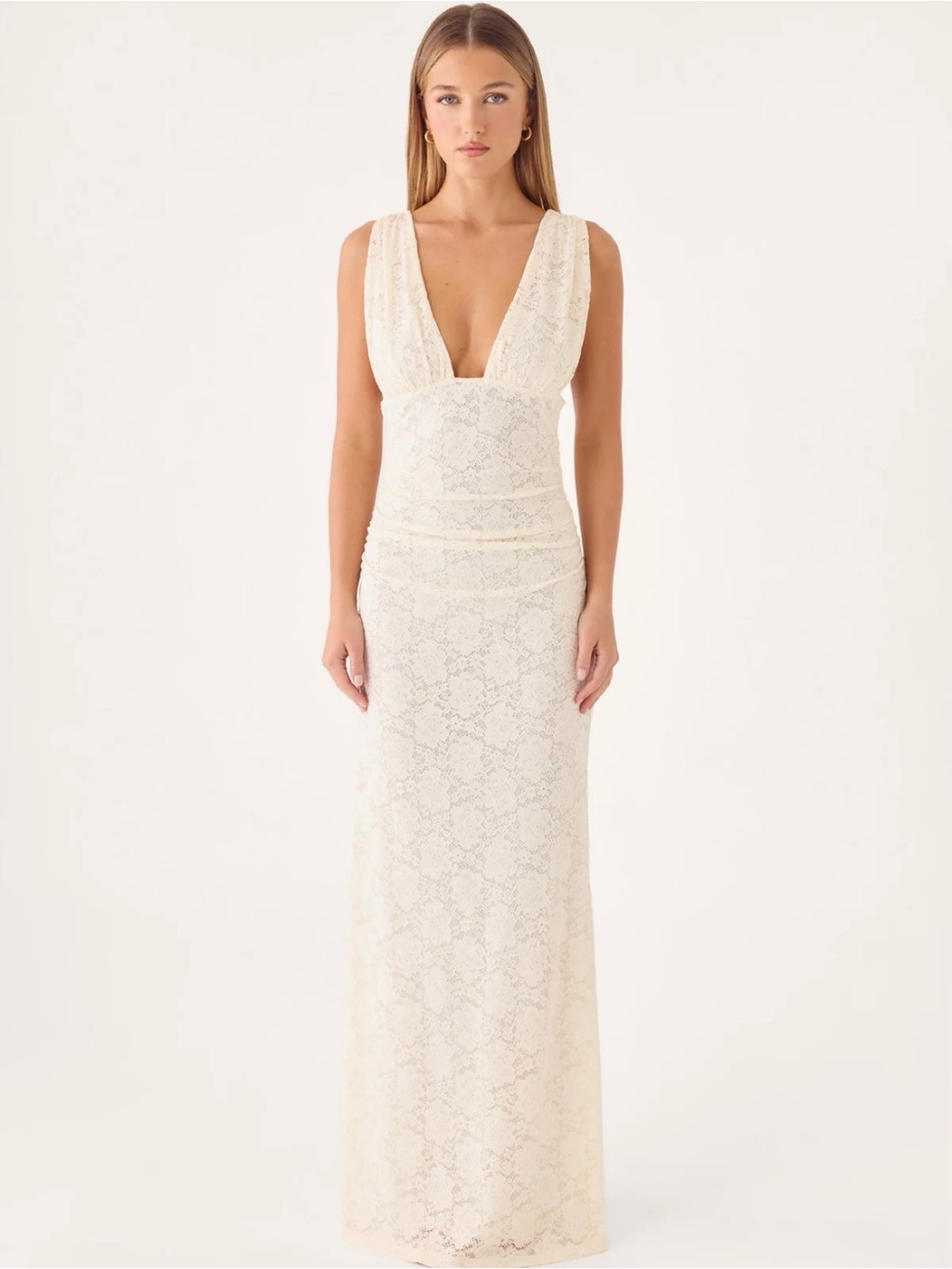 Peppermayo Cream Lace Deep-V Maxi Dress